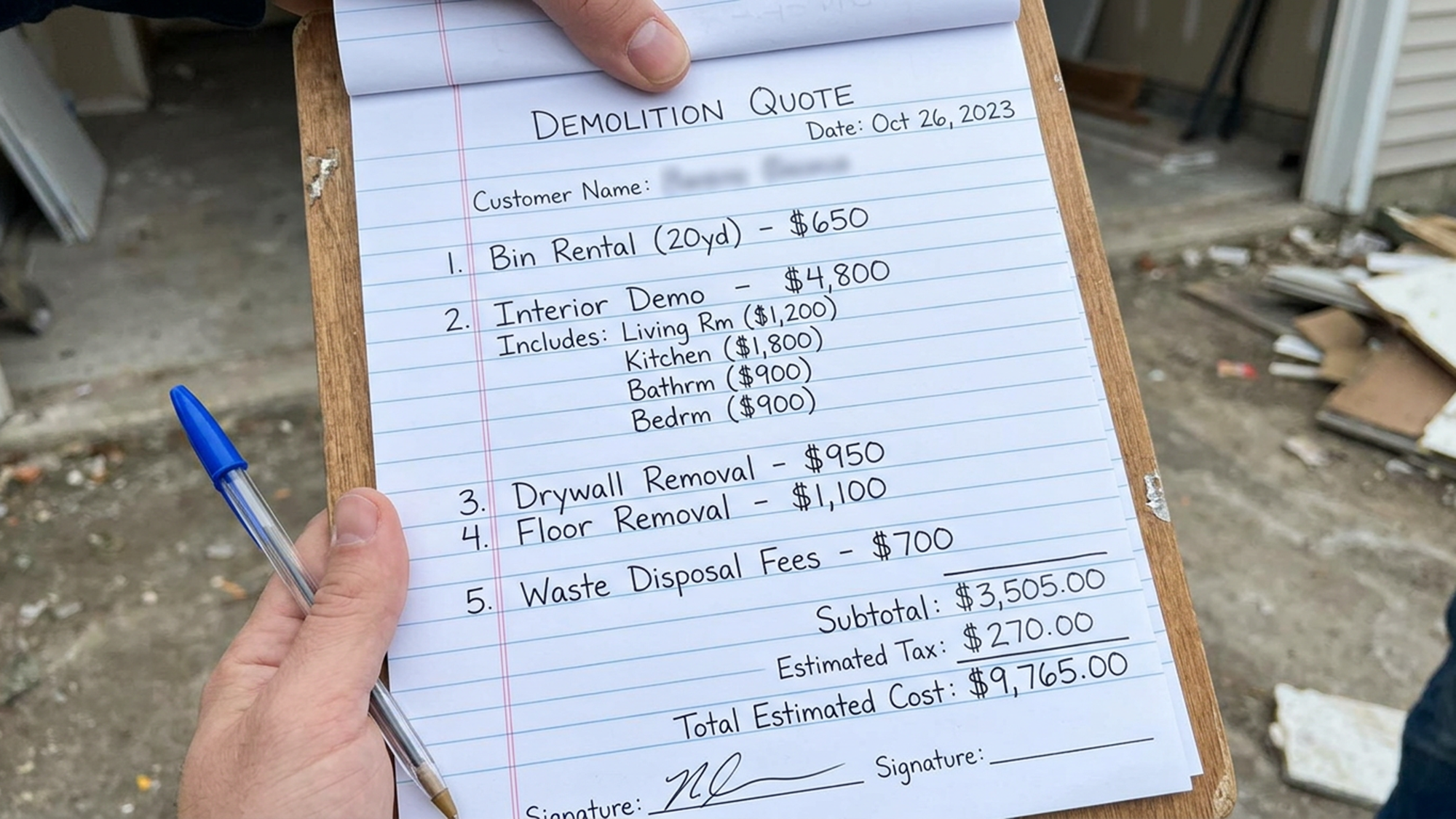 Demolition quote on clipboard detailing costs for a home renovation project