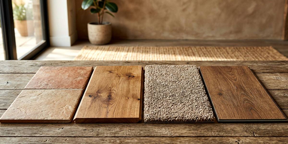 Variety of floor samples including tile, hardwood, carpet, and laminate in a showroom
