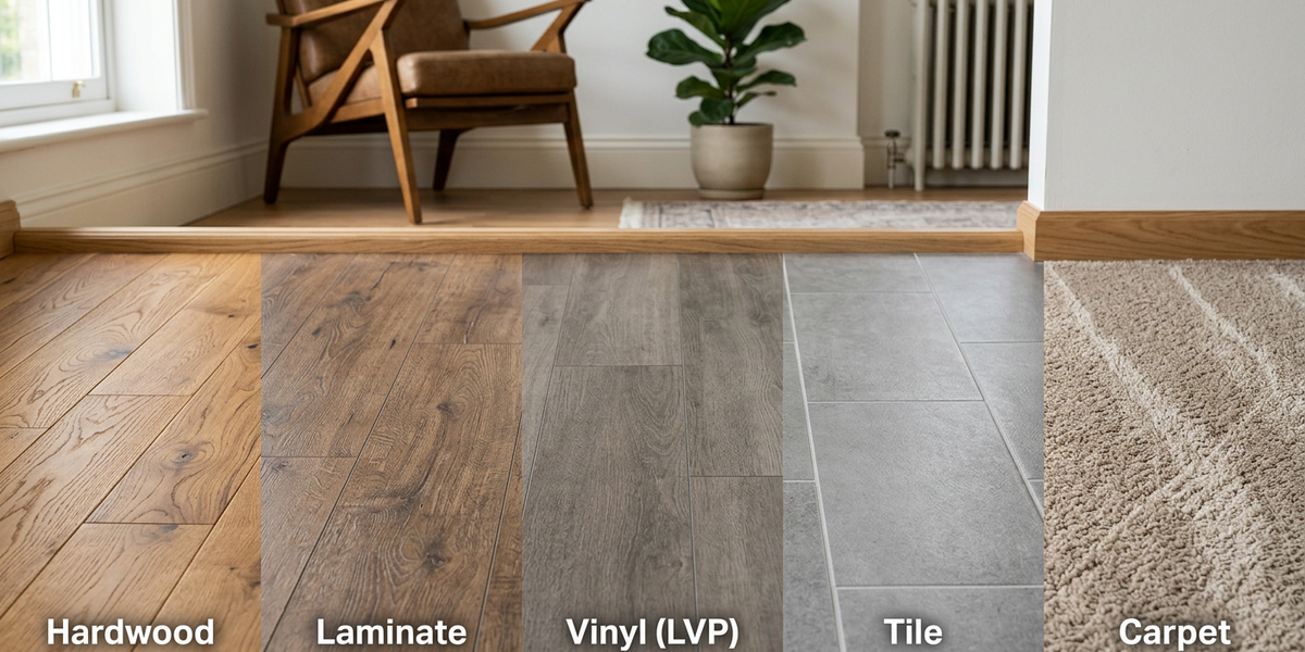 Comparison of hardwood, laminate, vinyl, tile, and carpet flooring in a modern living room