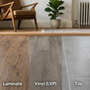 Comparison of hardwood, laminate, vinyl, tile, and carpet flooring in a modern living room