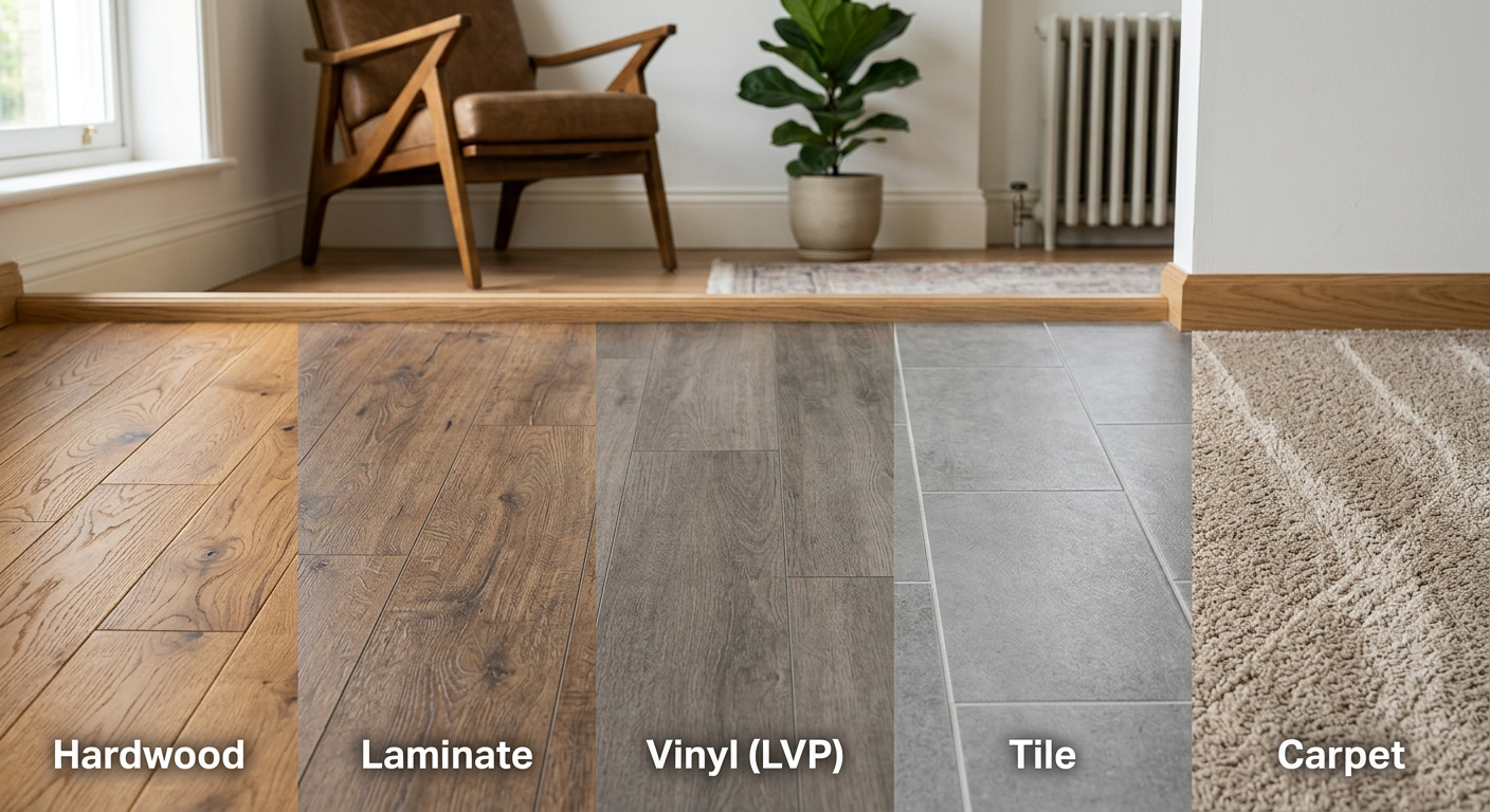Comparison of hardwood, laminate, vinyl, tile, and carpet flooring in a modern living room