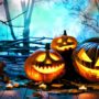 Three lit Jack o' lanterns in front of wood tree fenc with lantern and tea candles on wood floor.