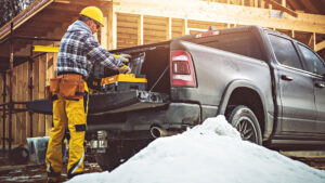 A construction worker in yellow gear prepares tools from a truck at a snowy building site. Wooden frames are visible, indicating an active construction project.