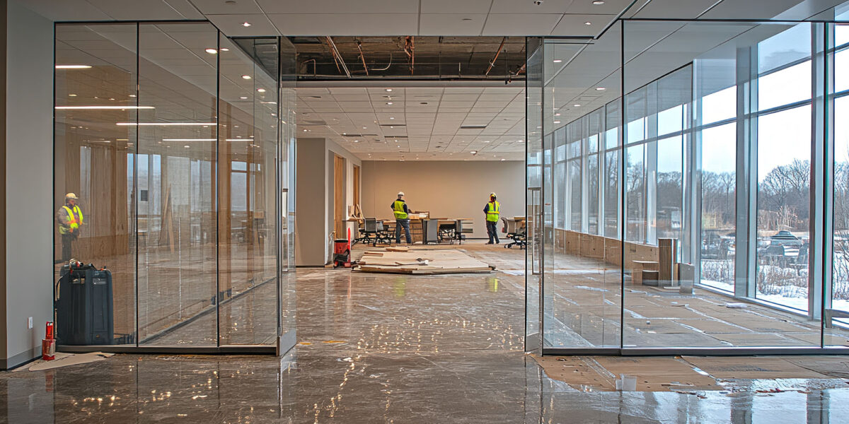 The image shows an office space during construction with workers and glass partitions. The floor is wet and partially unfinished.