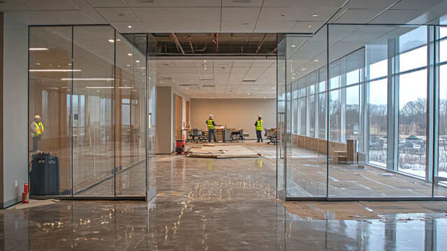 The image shows an office space during construction with workers and glass partitions. The floor is wet and partially unfinished.