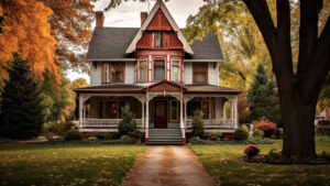 Charming Victorian house surrounded by autumn trees on a sunny day