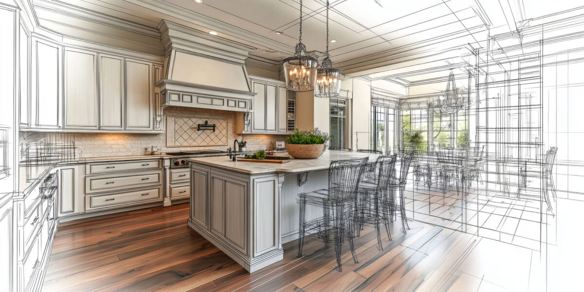 Conceptual drawing overlaid on modern kitchen design with island