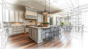 Conceptual drawing overlaid on modern kitchen design with island