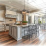 Conceptual drawing overlaid on modern kitchen design with island