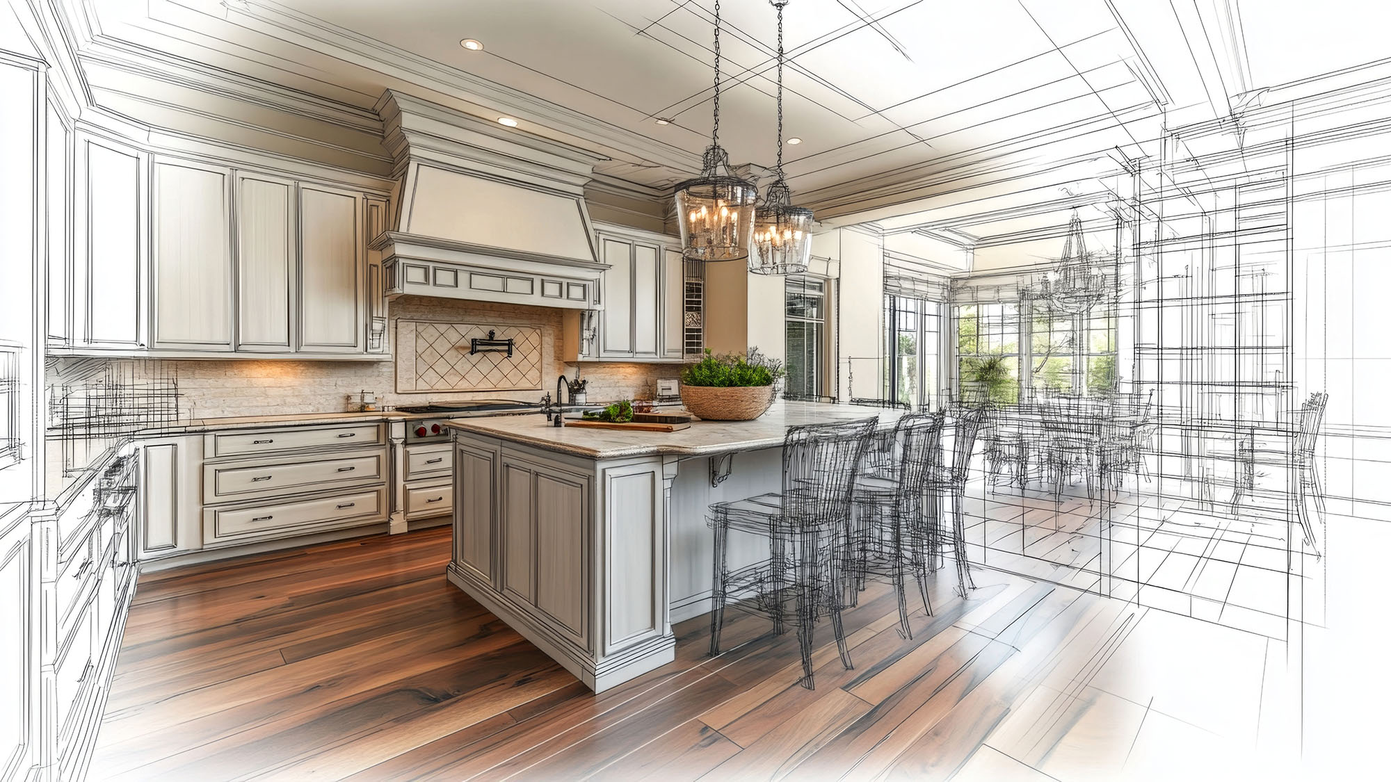 Conceptual drawing overlaid on modern kitchen design with island