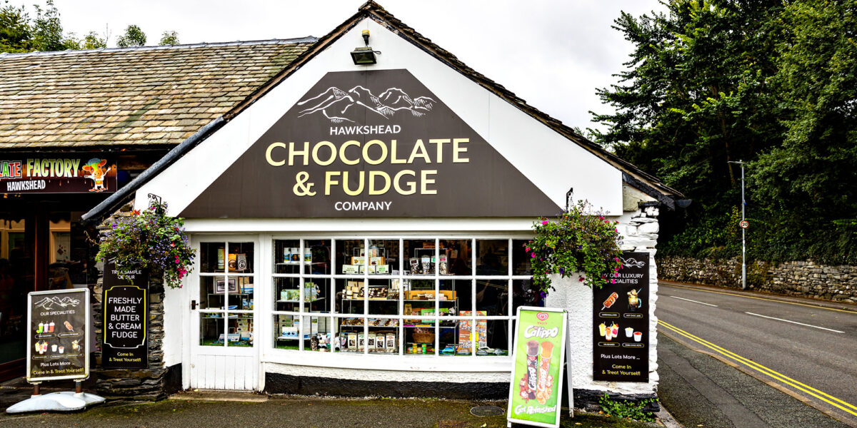 Hawkshead Chocolate & Fudge Company shop exterior with street view