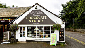 Hawkshead Chocolate & Fudge Company shop exterior with street view