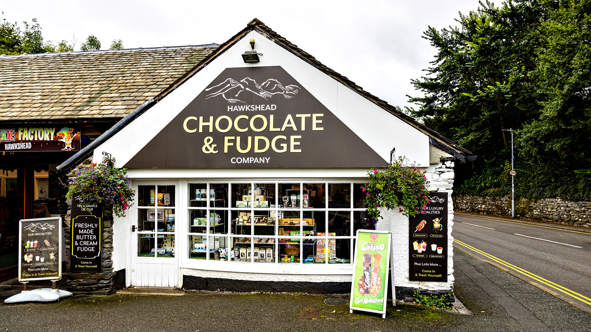 Hawkshead Chocolate & Fudge Company shop exterior with street view