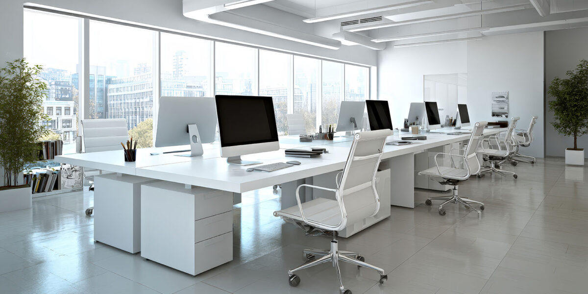 Modern open-plan office interior with sleek white desks and large windows