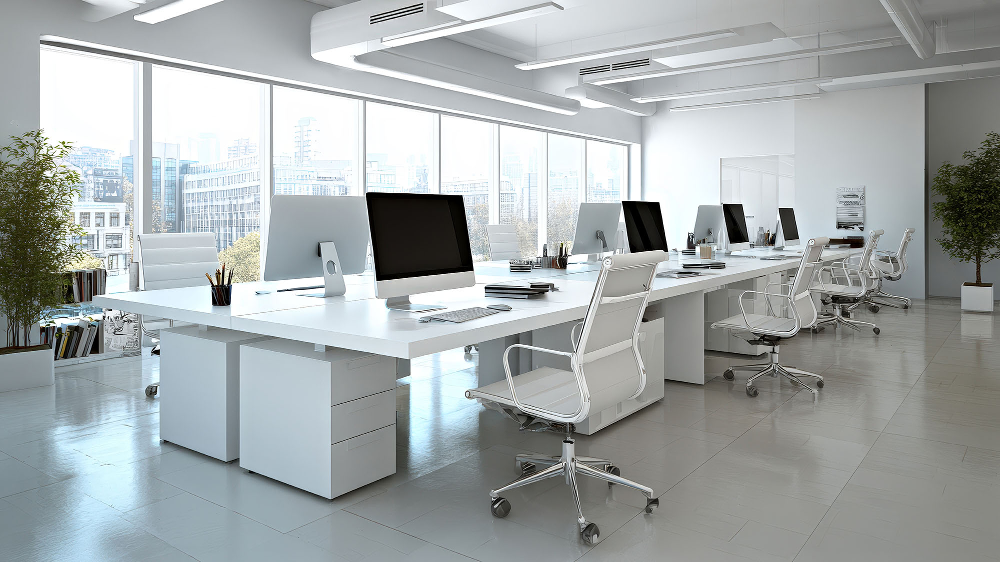 Modern open-plan office interior with sleek white desks and large windows