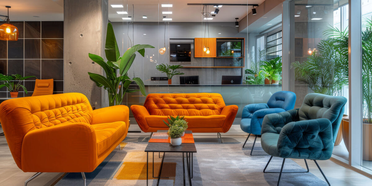 Modern office lounge with colourful seating and indoor plants