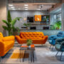 Modern office lounge with colourful seating and indoor plants