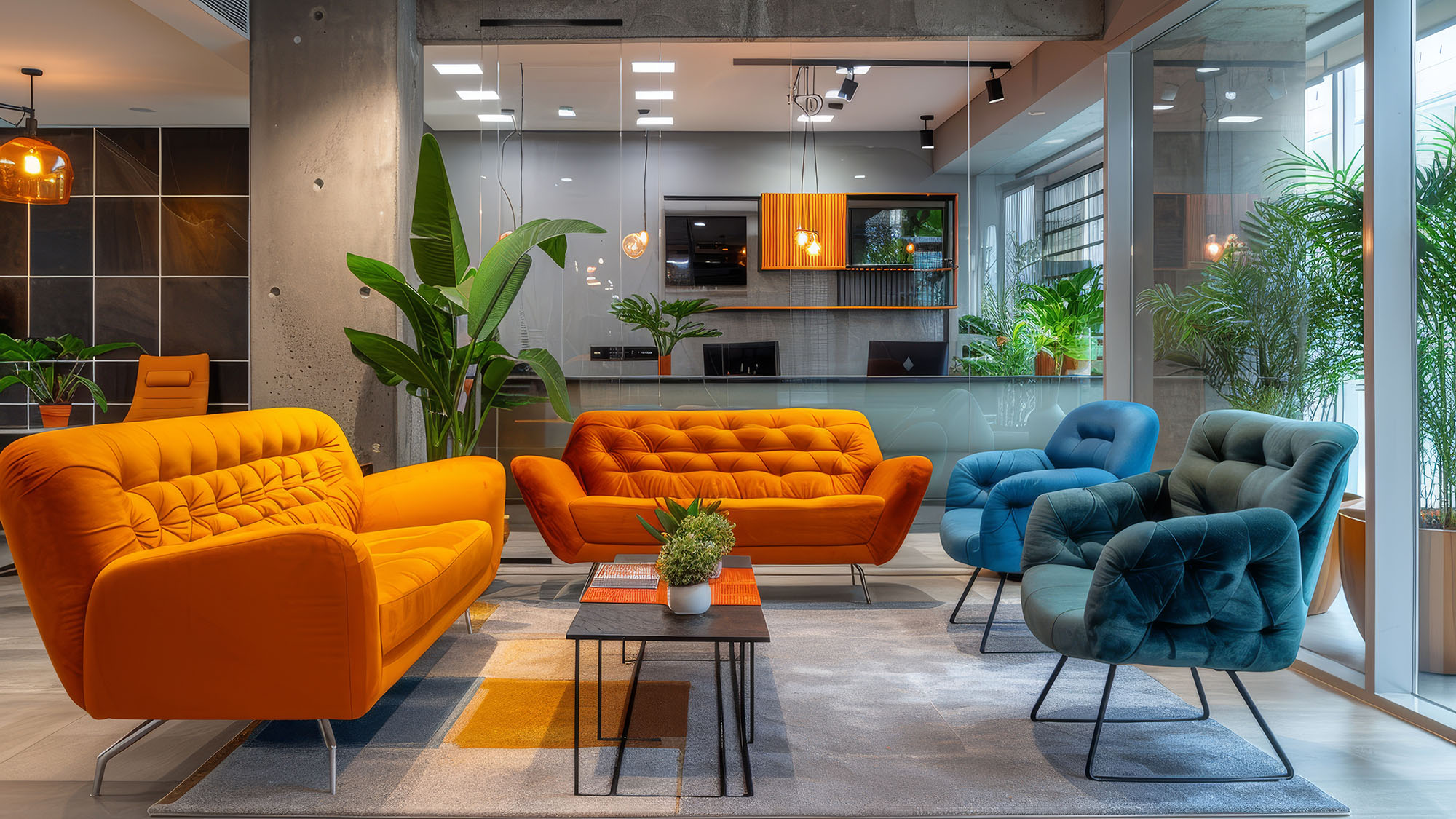 Modern office lounge with colourful seating and indoor plants
