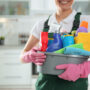 Person holding cleaning supplies in a modern kitchen
