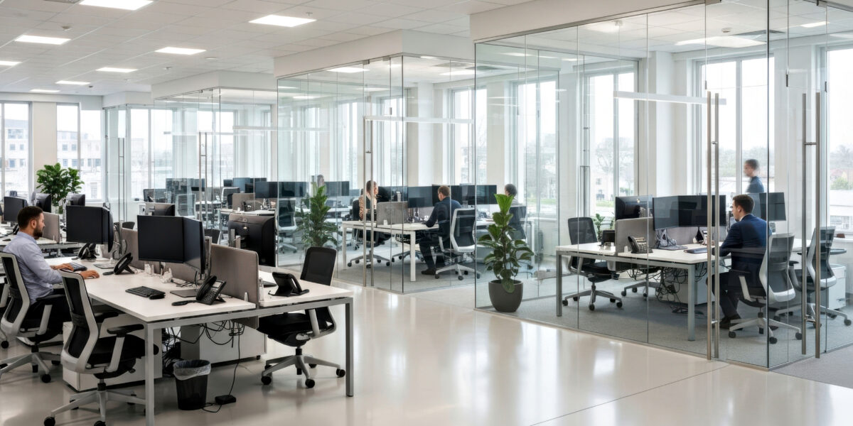 Modern open-plan office with employees working at desks and glass partitions