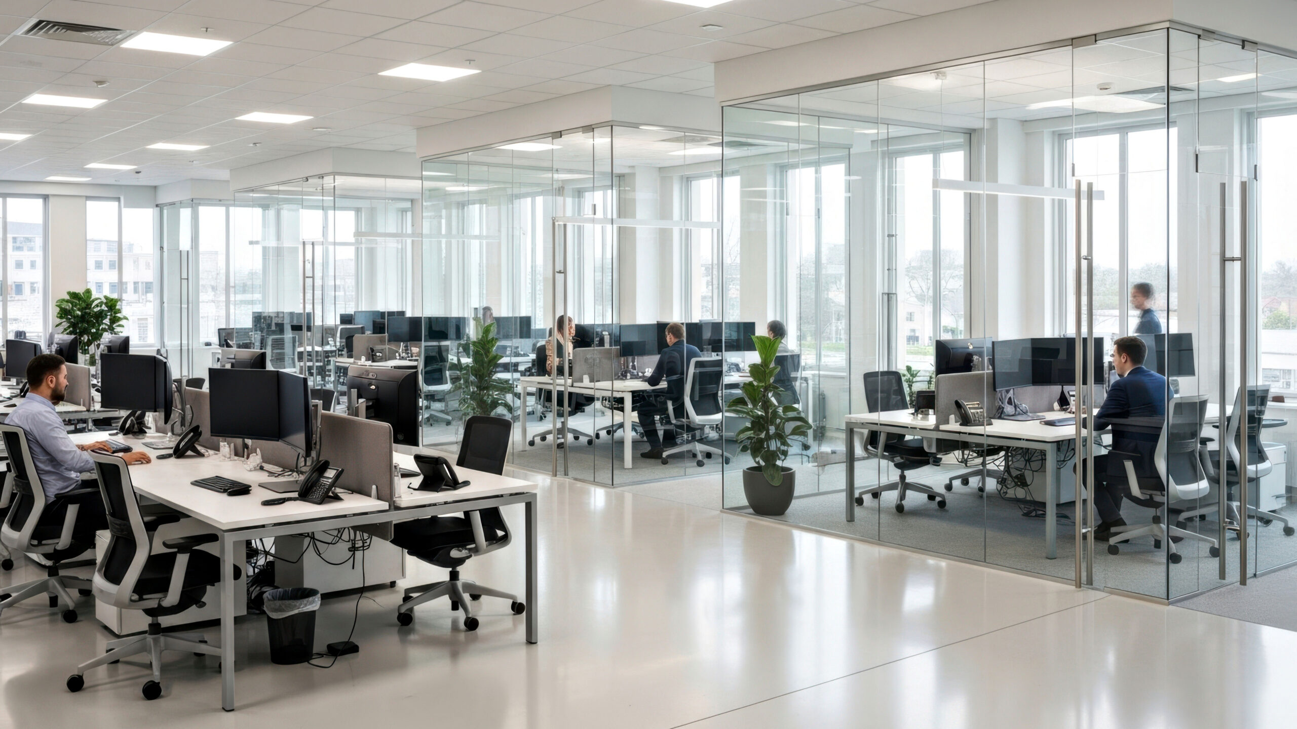 Modern open-plan office with employees working at desks and glass partitions