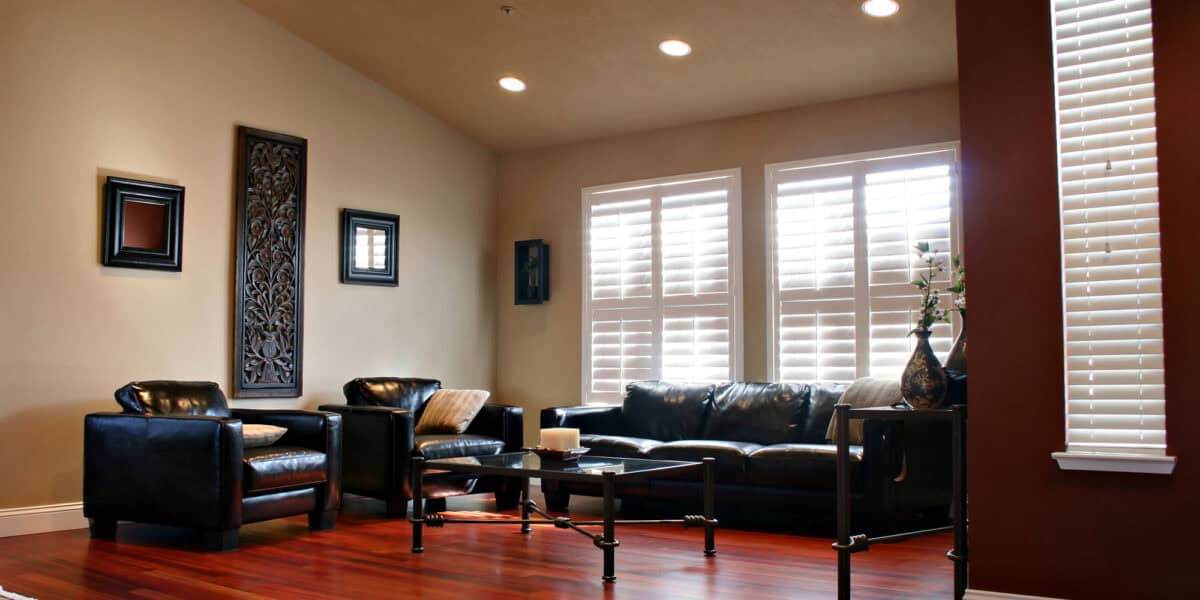 Great room with pot lights, redwood hardwood floors, electronic window coverings.