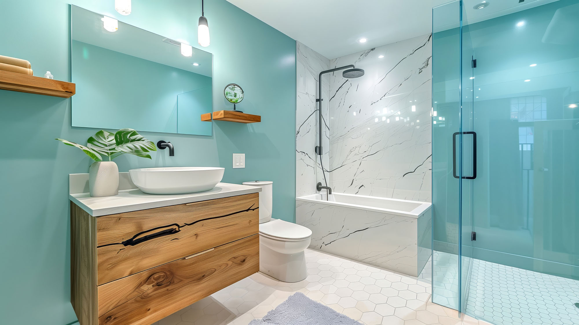 Modern bathroom with wooden vanity and glass shower enclosure