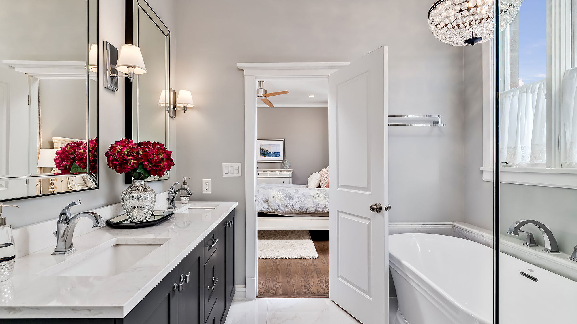 Elegant bathroom with dual sinks and modern fixtures