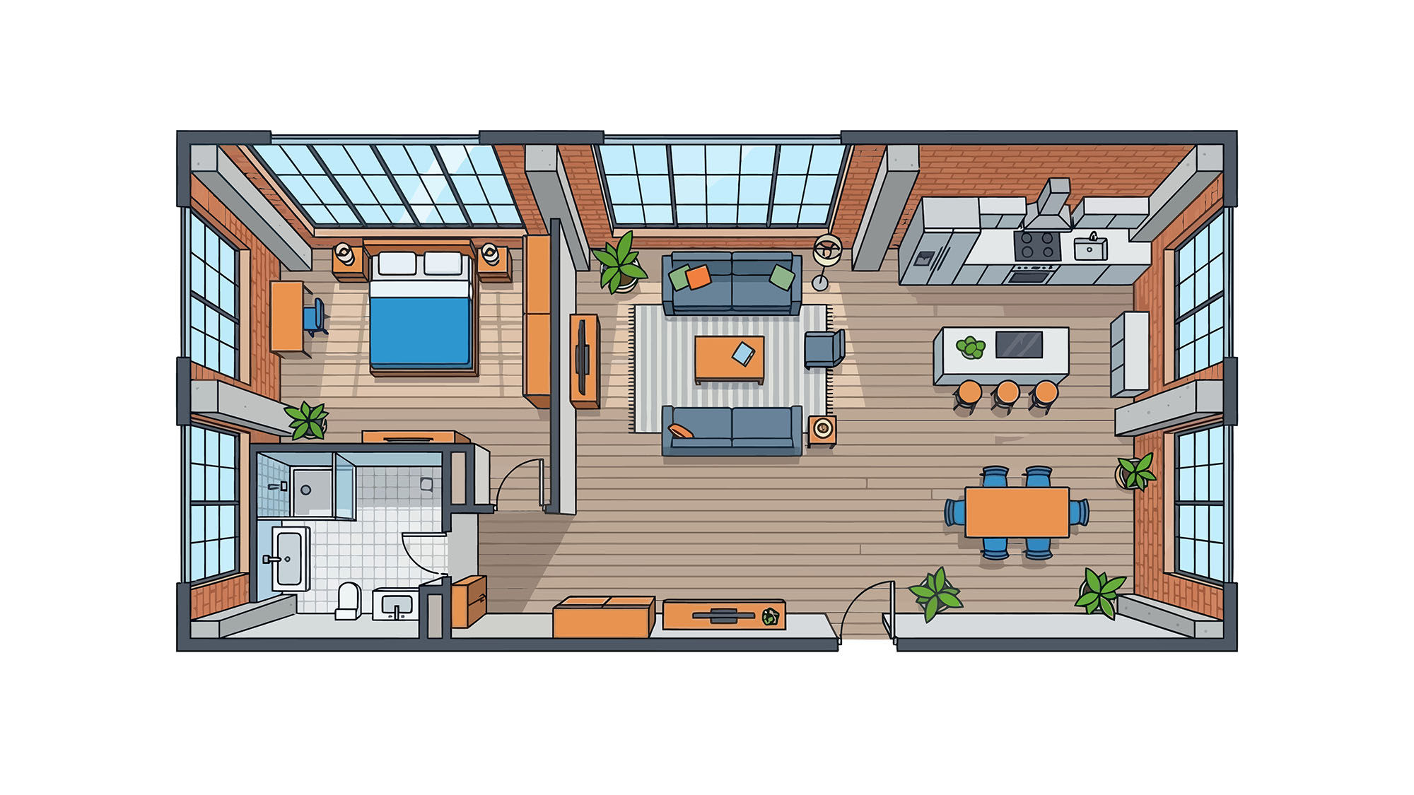 Modern open-concept loft apartment layout with kitchen, living area, and bedroom