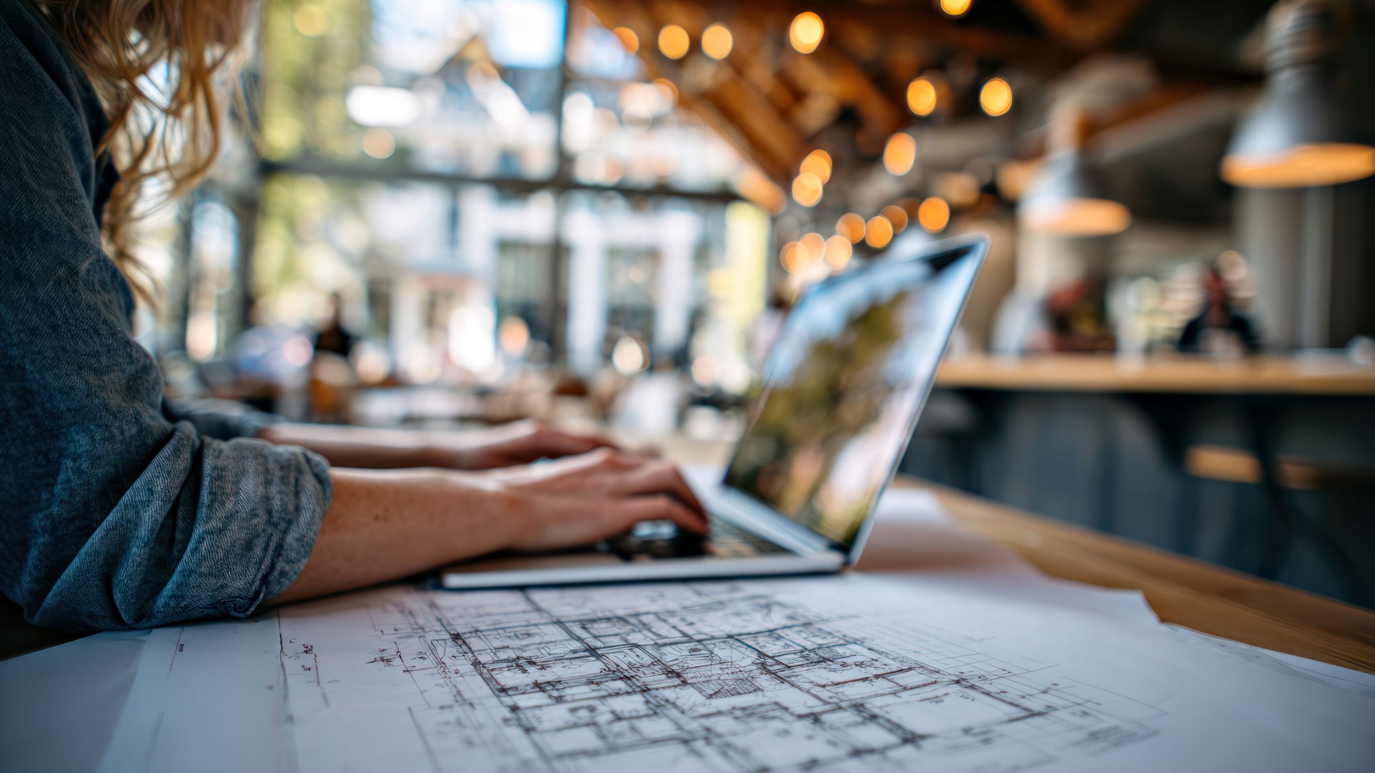 Architect working on laptop in modern café with blueprints