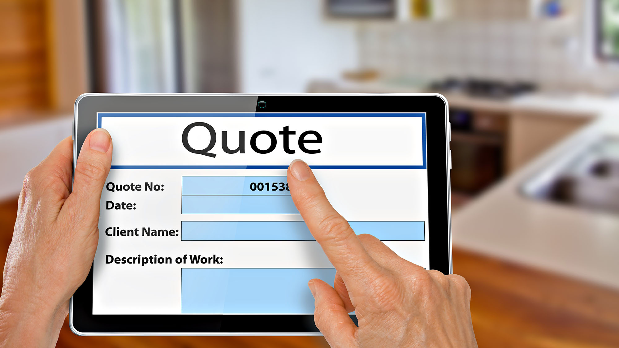 Tablet showing digital home renovation quote in modern kitchen