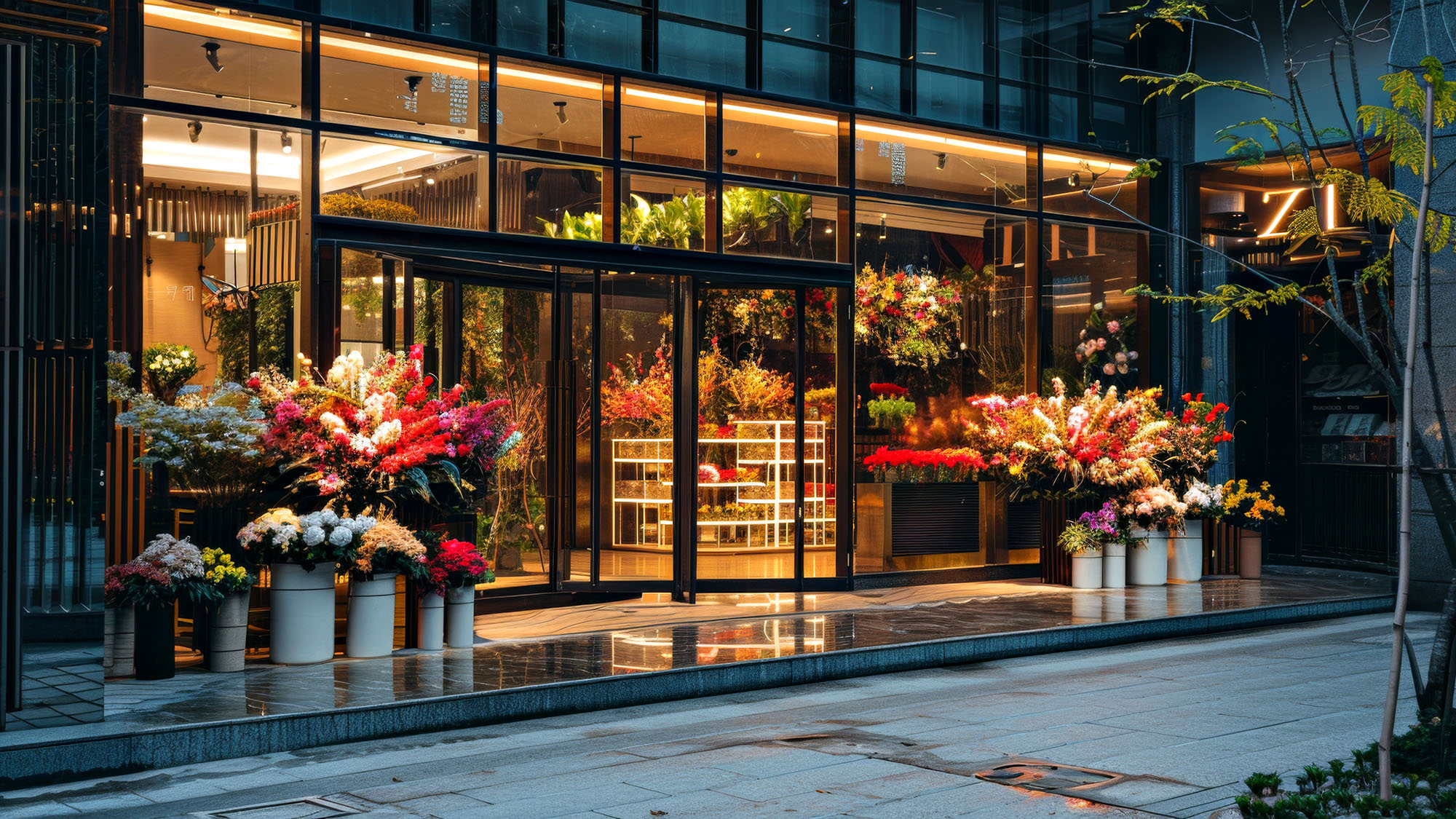 Vibrant florist shop at night with illuminated flower arrangements