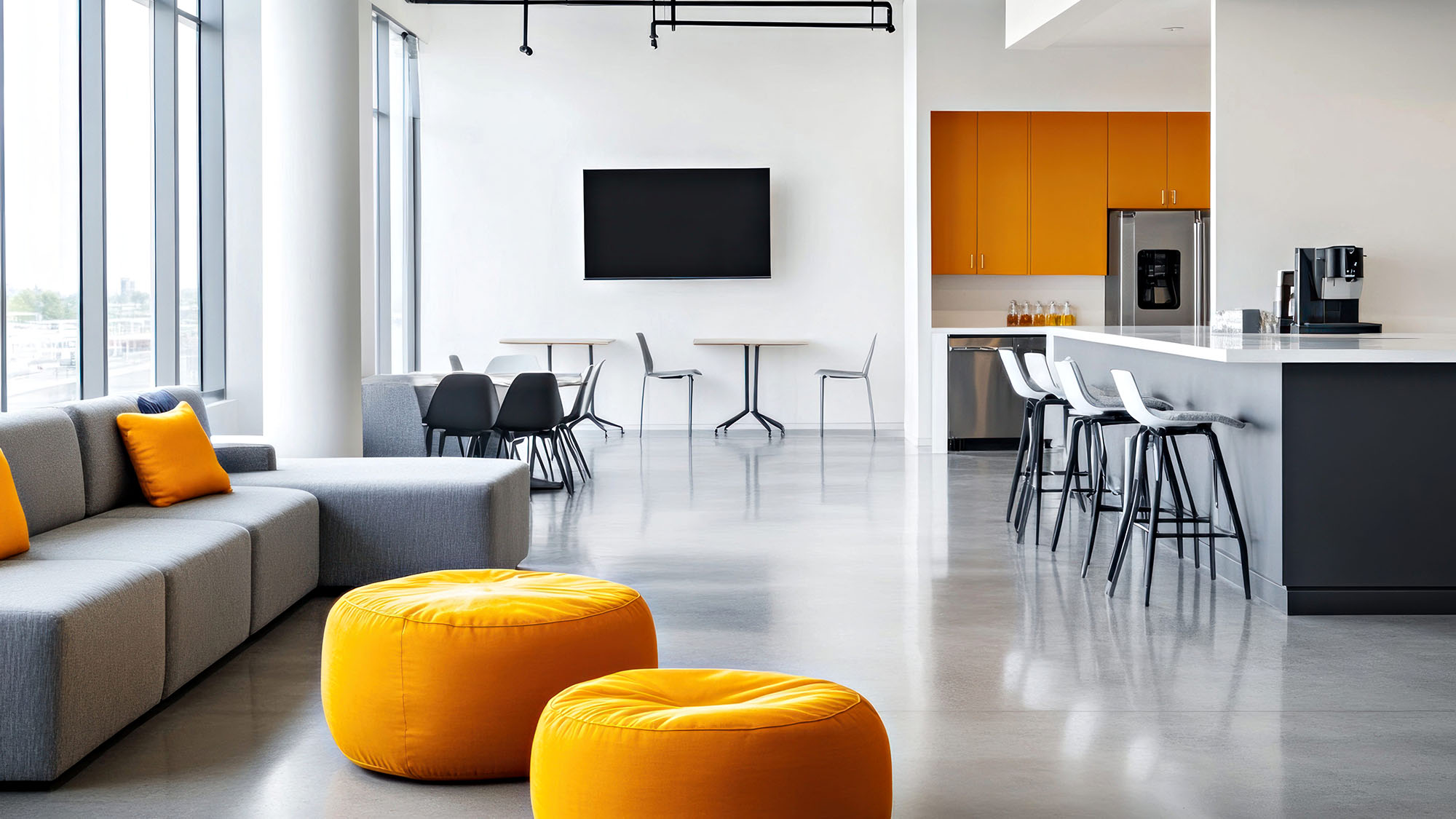 Modern office lounge with grey sofa and yellow accents