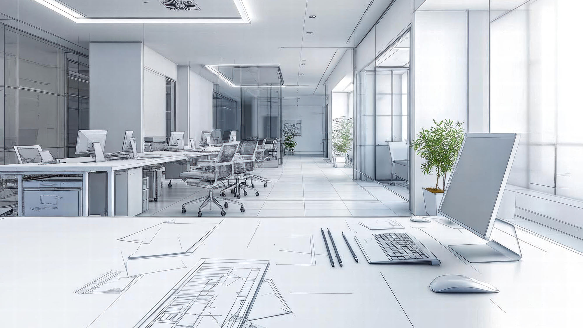 Modern open-plan office design with sleek workstations