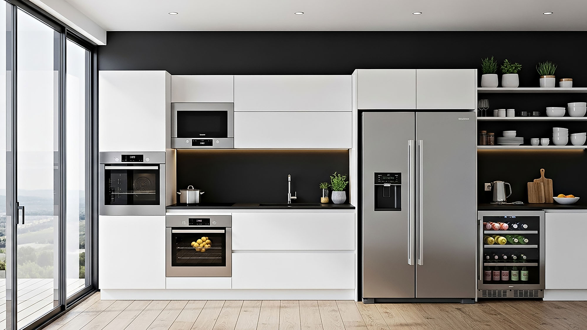 Modern kitchen with sleek appliances and white cabinetry