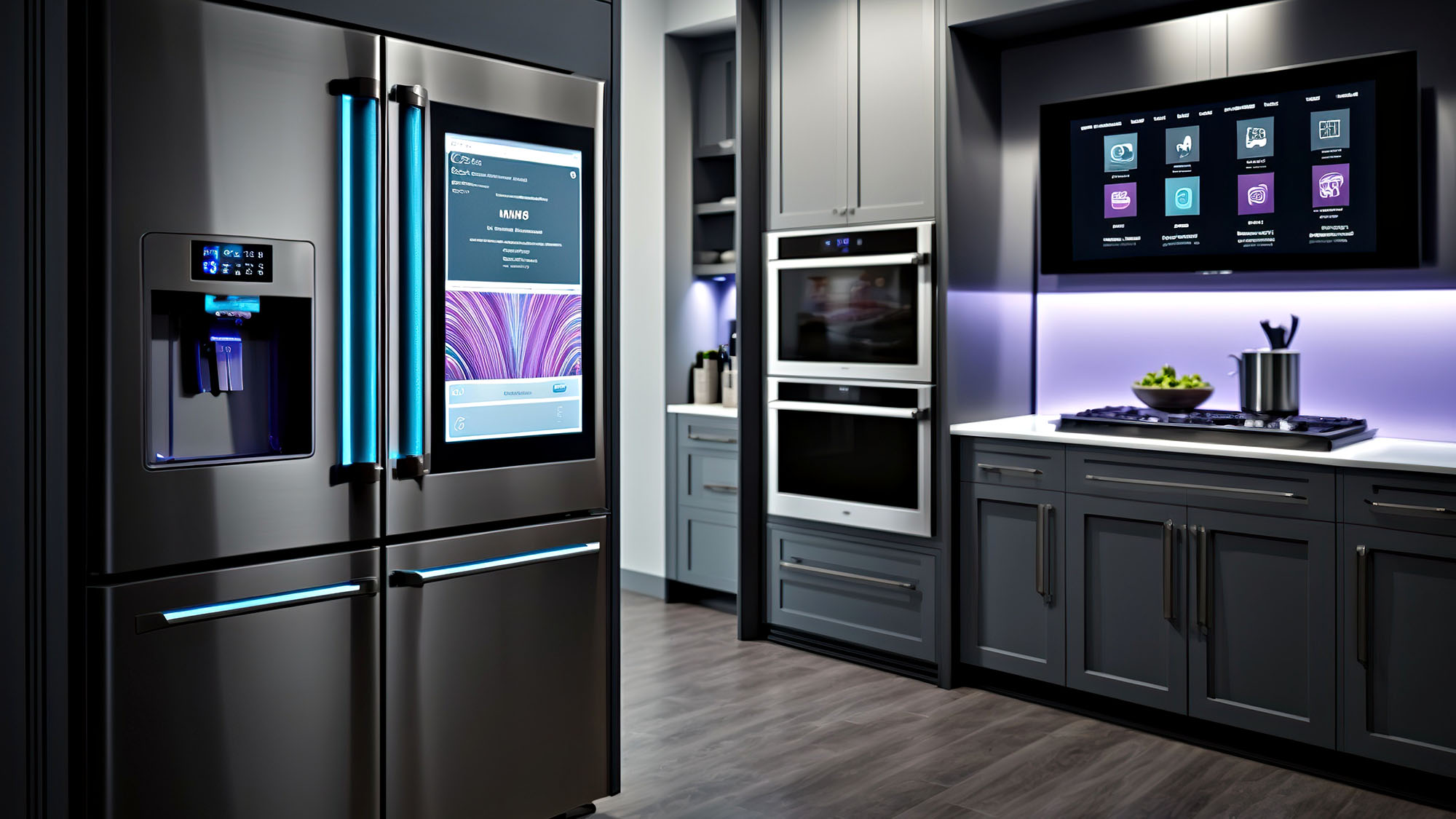 Kitchen with smart appliances with a display screen and a smart oven with voice-controlled settings, the concept of Smart Home and Artificial Intelligence, created with Generative AI technology