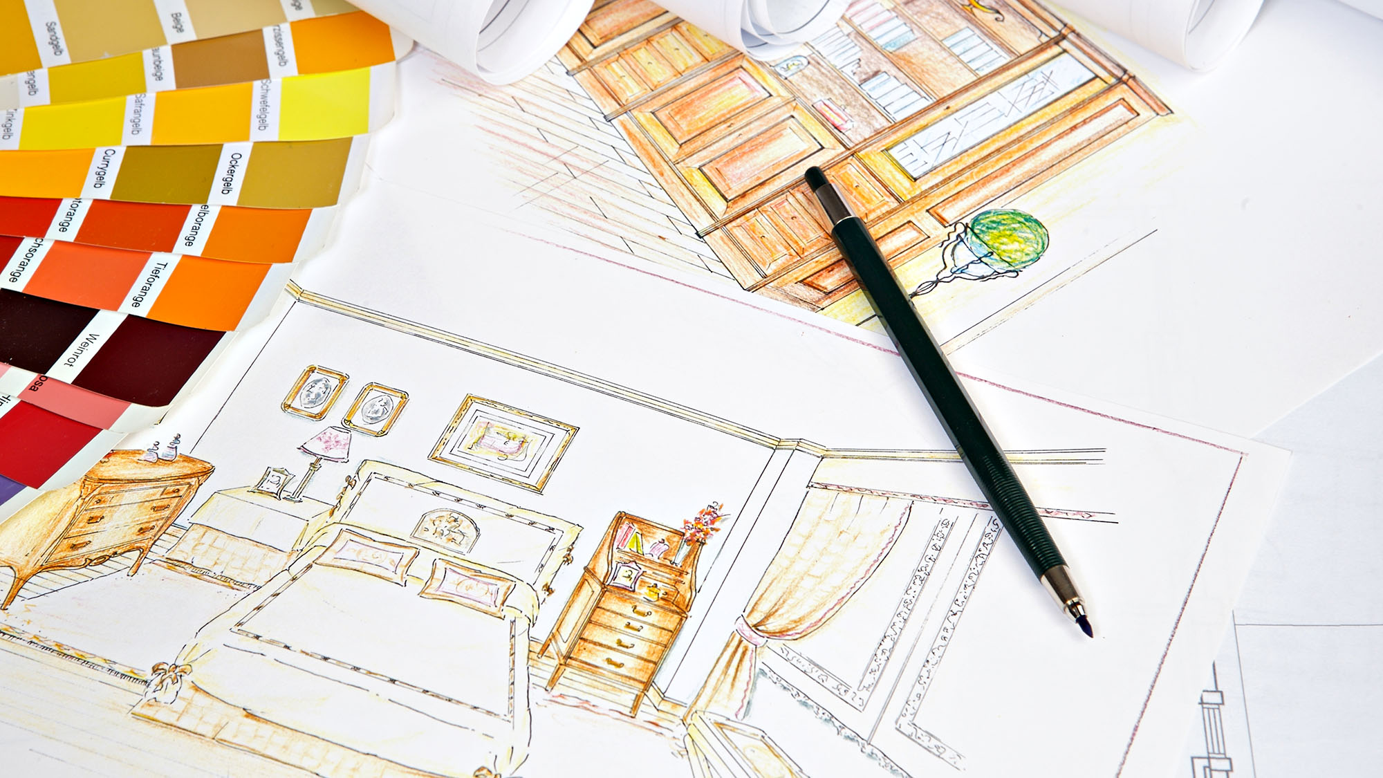 Interior design sketches with colour swatches and pencil