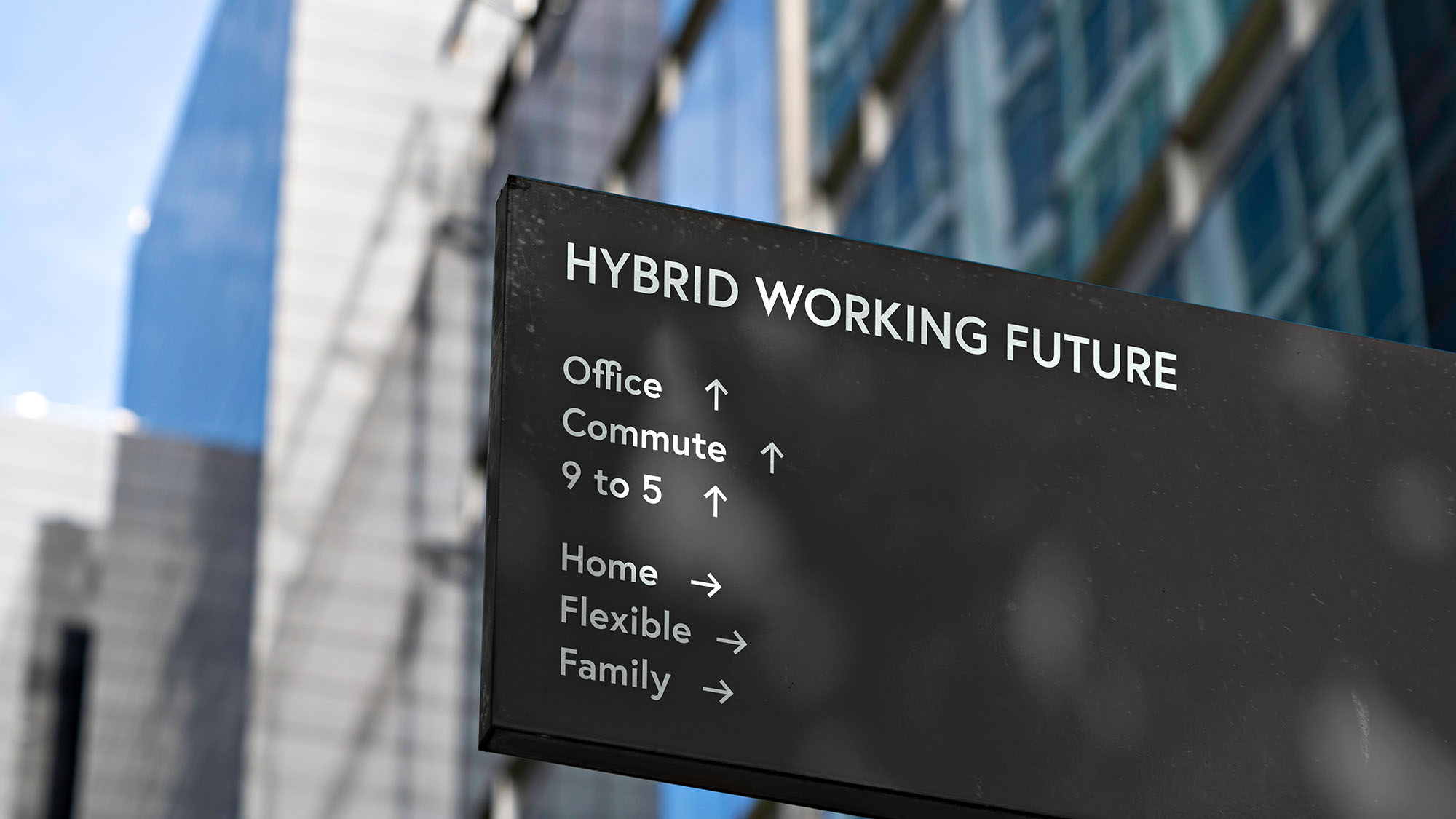 Hybrid working future sign with office and home directions