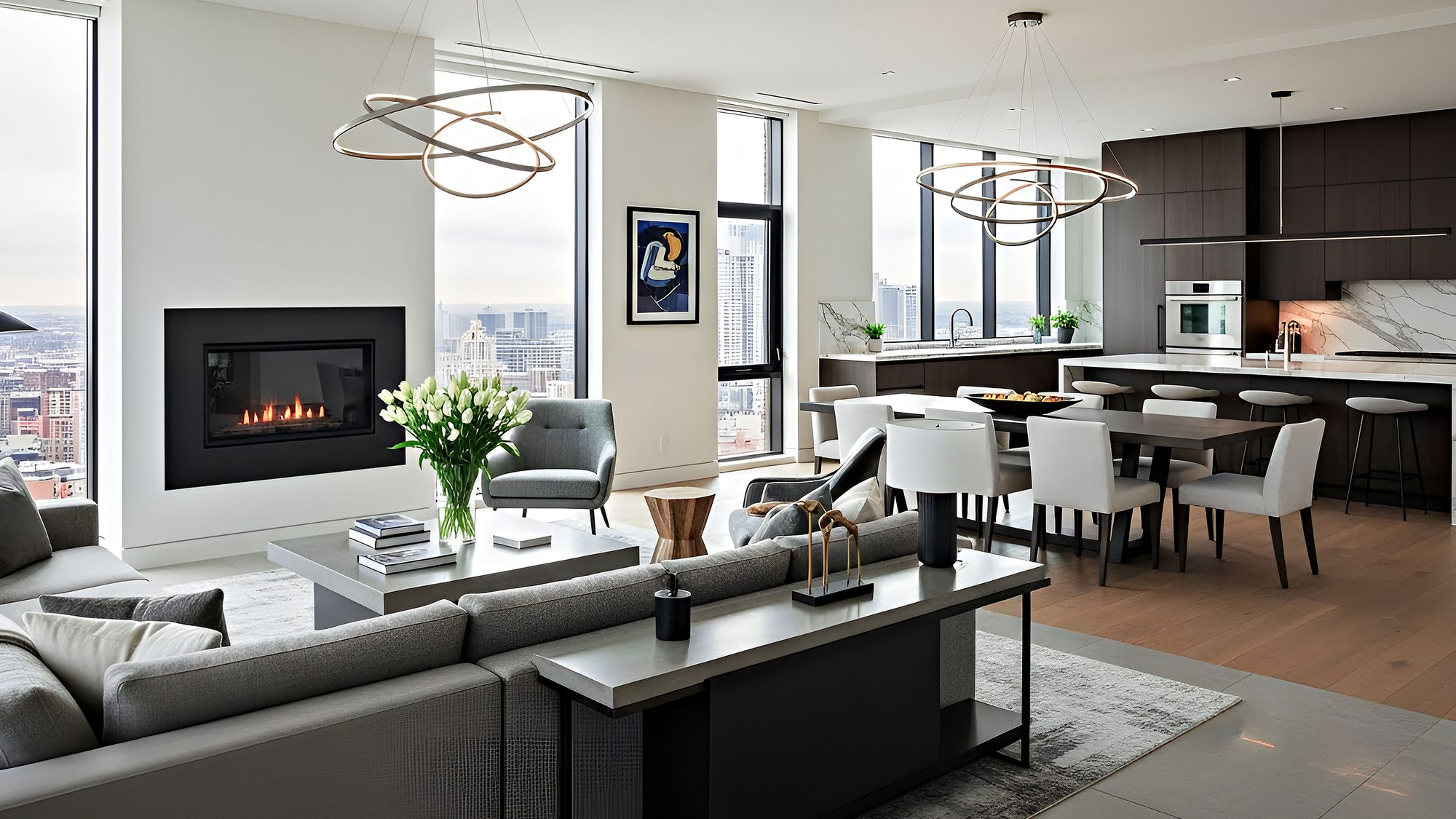 Modern living room in luxury high-rise condo with city view