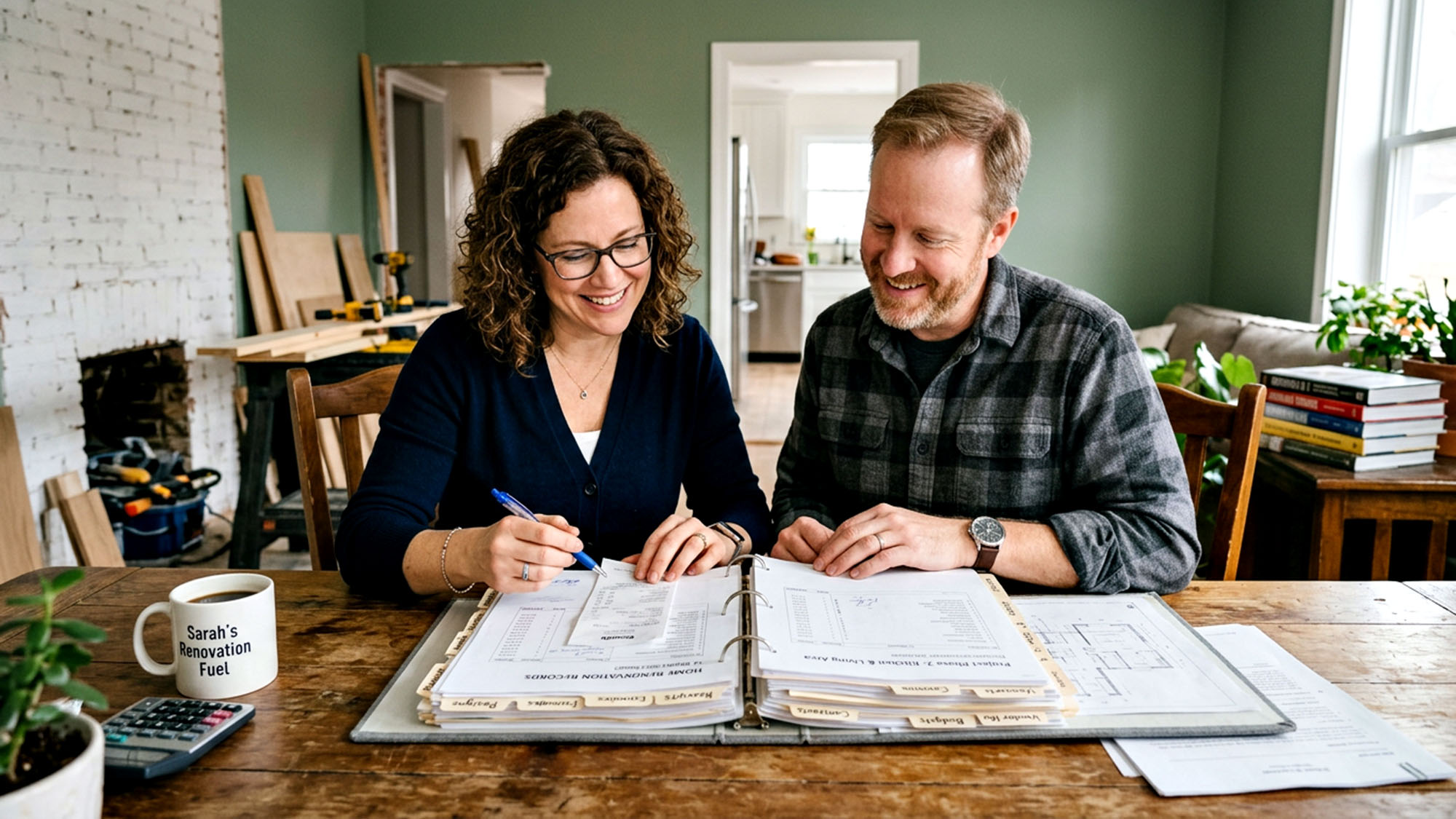 Couple reviewing home renovation plans at table