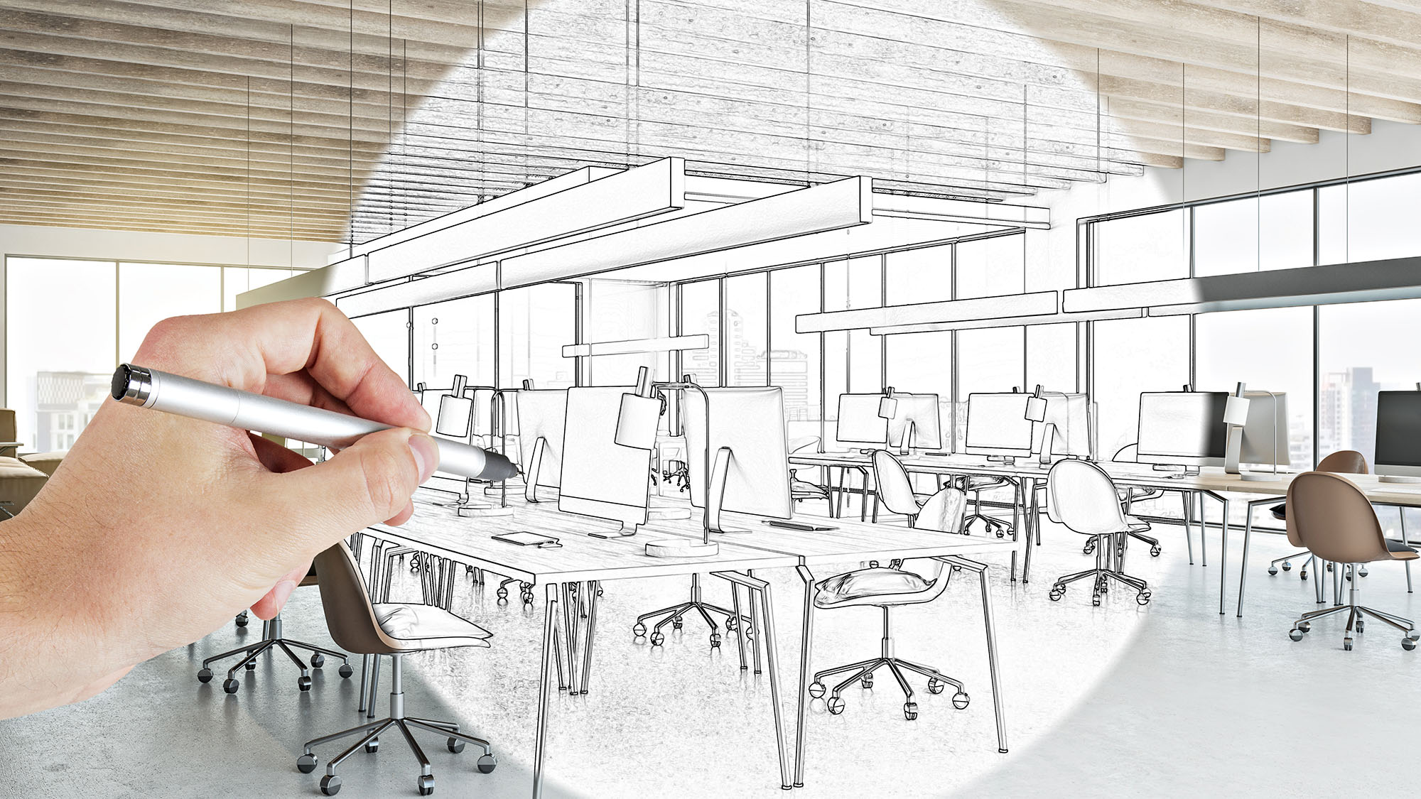 Hand drawing modern open-plan office design with computers and desks