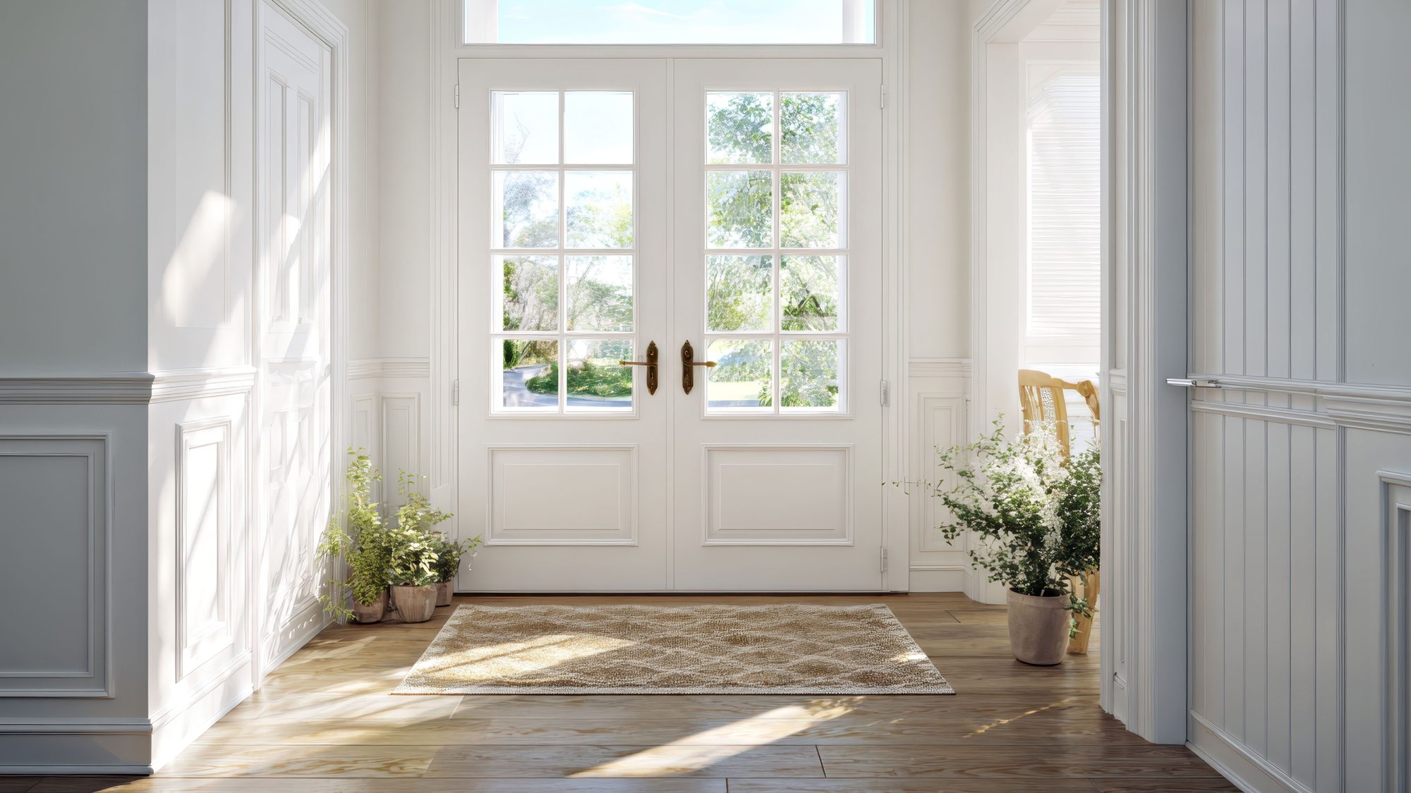 Bright foyer with large glass doors and potted plants