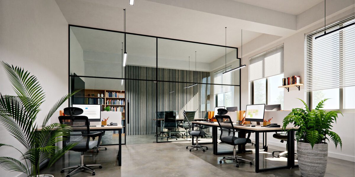 Modern small office interior with white walls and concrete floors, 3d rendering
