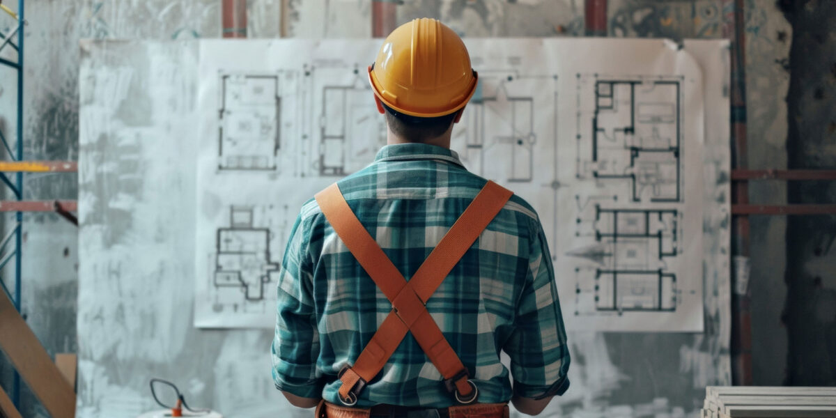 Construction worker in hard hat reviewing building plans on site