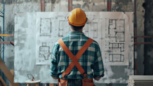 Construction worker in hard hat reviewing building plans on site