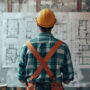 Construction worker in hard hat reviewing building plans on site