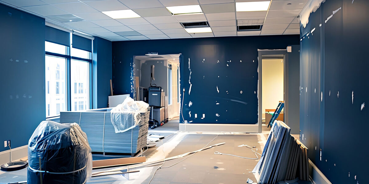 Office under renovation with blue walls and construction materials