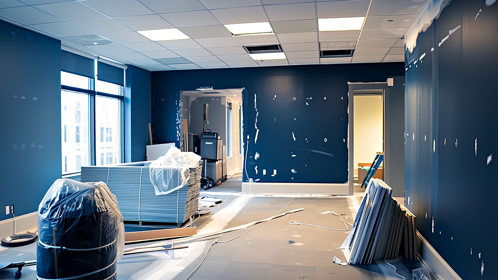 Office under renovation with blue walls and construction materials
