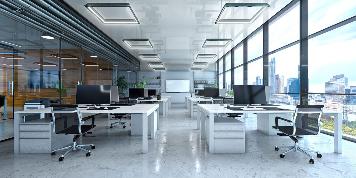 Open office with view from a large windows interior. 3d illustration