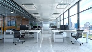 Open office with view from a large windows interior. 3d illustration